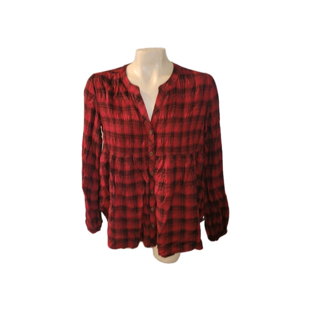 Knox Rose Red Black Plaid Smocked Empire Waist Babydoll Blouse Small